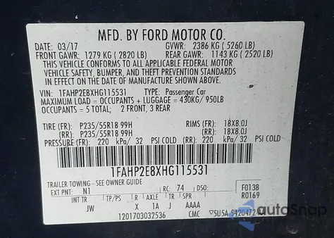 2017 Ford Taurus Sel z USA, uszkodzony, nr VIN 1FAHP2E8XHG115531